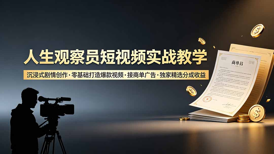 人生观察员短视频实战教学，沉浸式剧情创作，零基础打造爆款视频，接商单广告，独家精选分成收益
