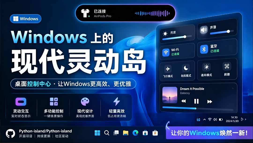 Windows也能拥有桌面灵动岛！现代化的系统控制中心，让你的电脑多个黑刘海，PyIsland