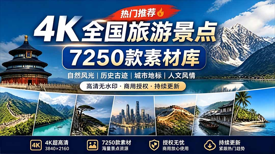 热门全国旅游风景素材！4K全国旅游景点素材库，7250款素材，旅行达人城市航拍风景风光高清短视频