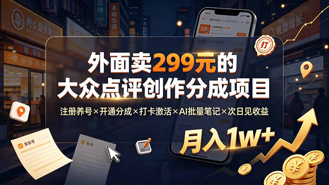 外面卖299元的大众点评创作分成项目：注册养号×开通分成×打卡激活×AI批量笔记×次日见收益